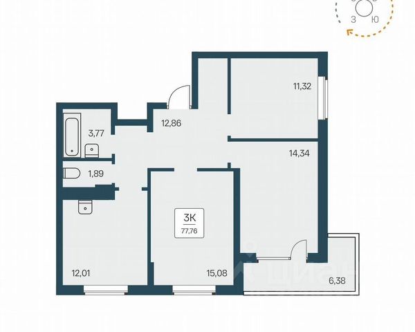 3-комн., 77 м², 23/25 этаж