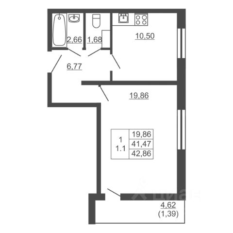 1-комн., 42,9 м², 4/16 этаж
