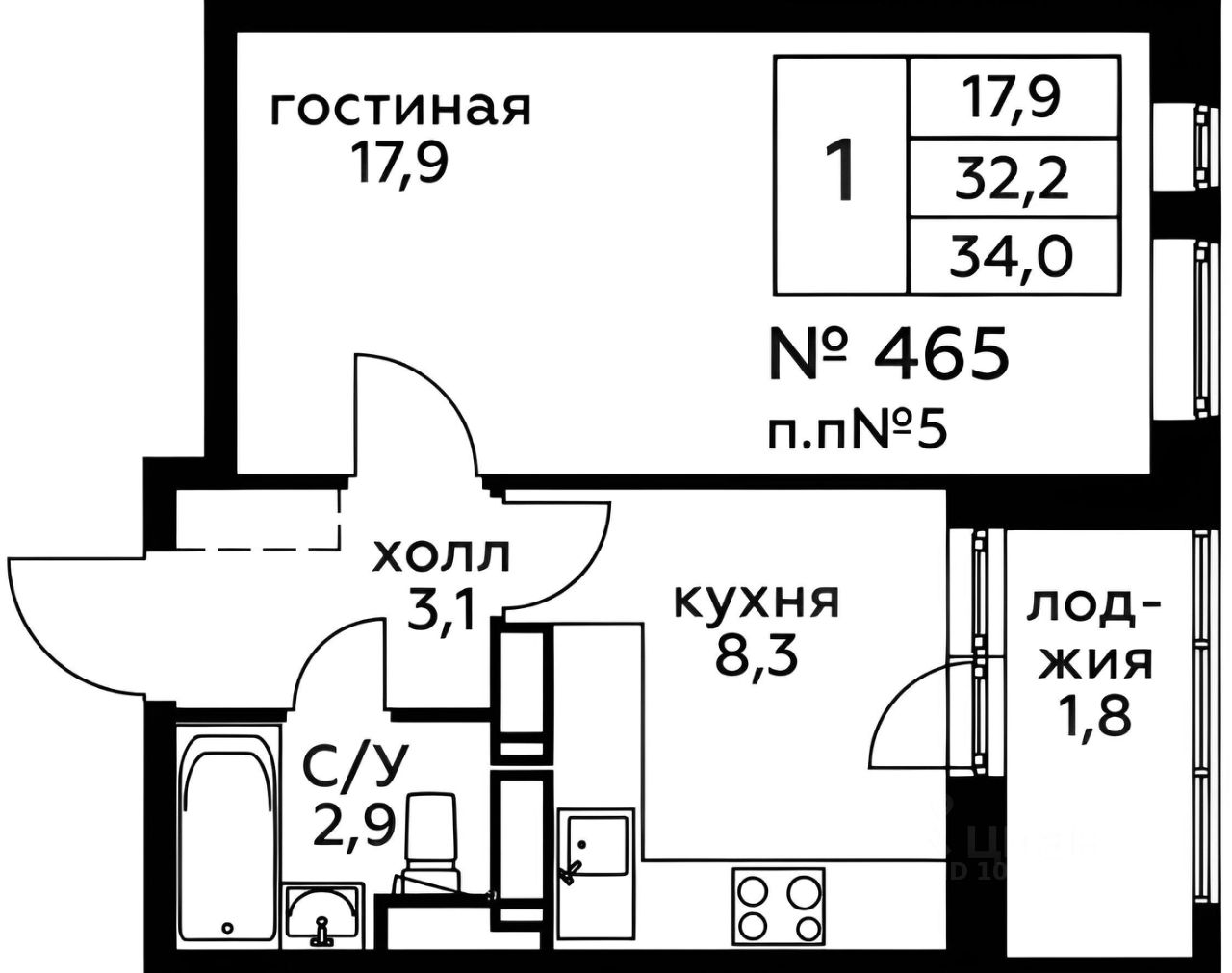 Планировка этой квартиры по данным Циан