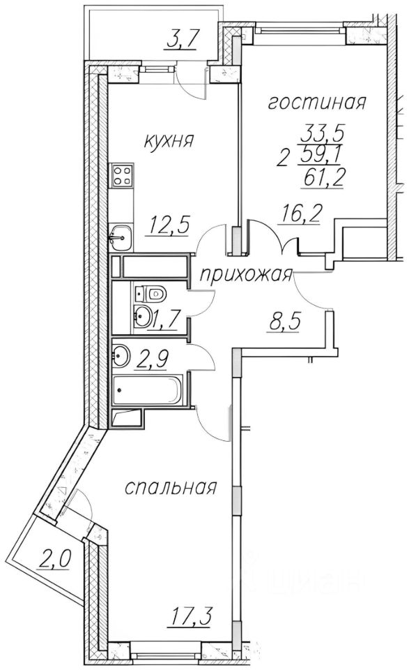 Планировка этой квартиры по данным Циан