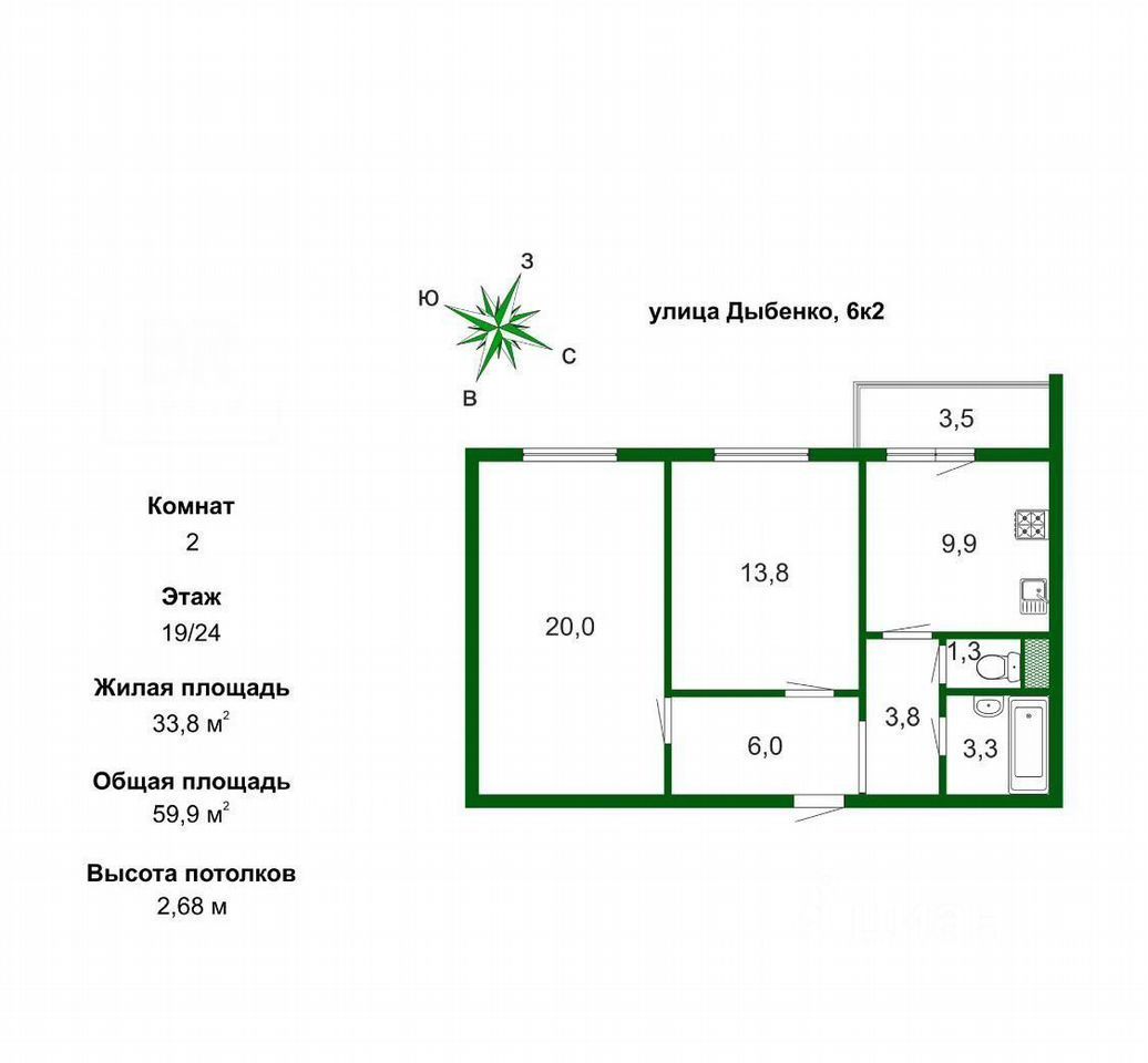 Продаю двухкомнатную квартиру 59м² ул. Дыбенко, 6к2, Санкт-Петербург, р ...