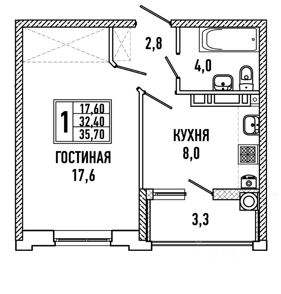 Планировка этой квартиры по данным Циан