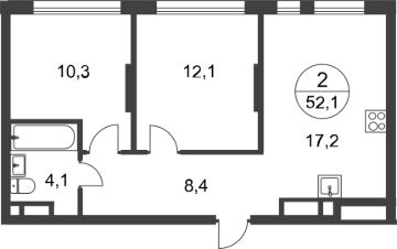 2-комн.кв., 52 м², этаж 5