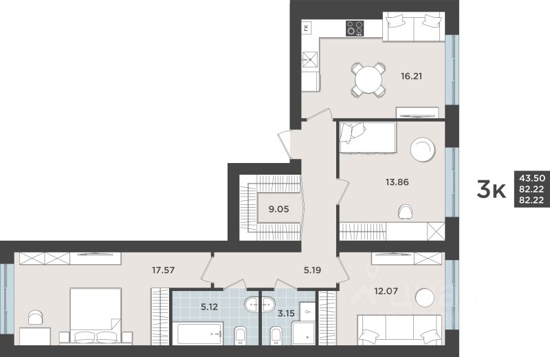 3-комн.кв., 82,2 м², 1/9 этаж