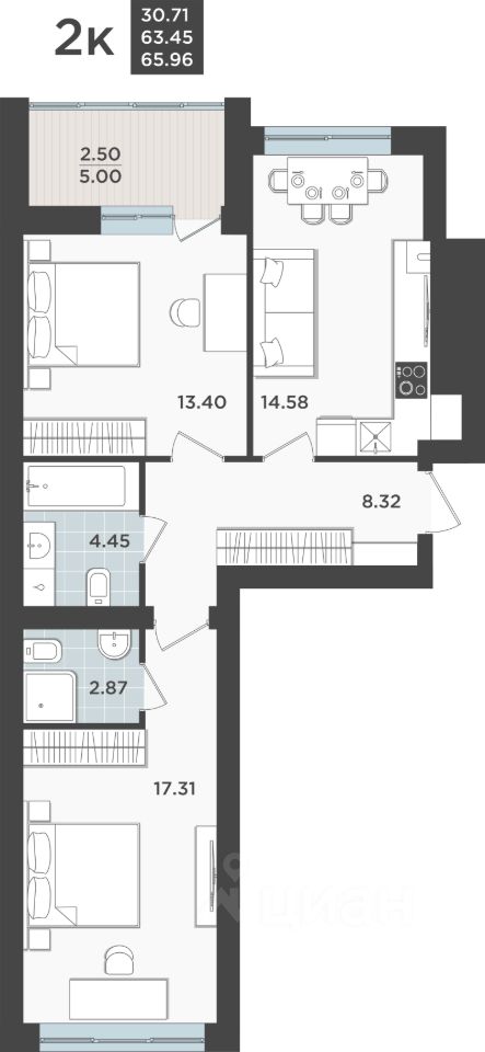 2-комн.кв., 63,5 м², 1/9 этаж