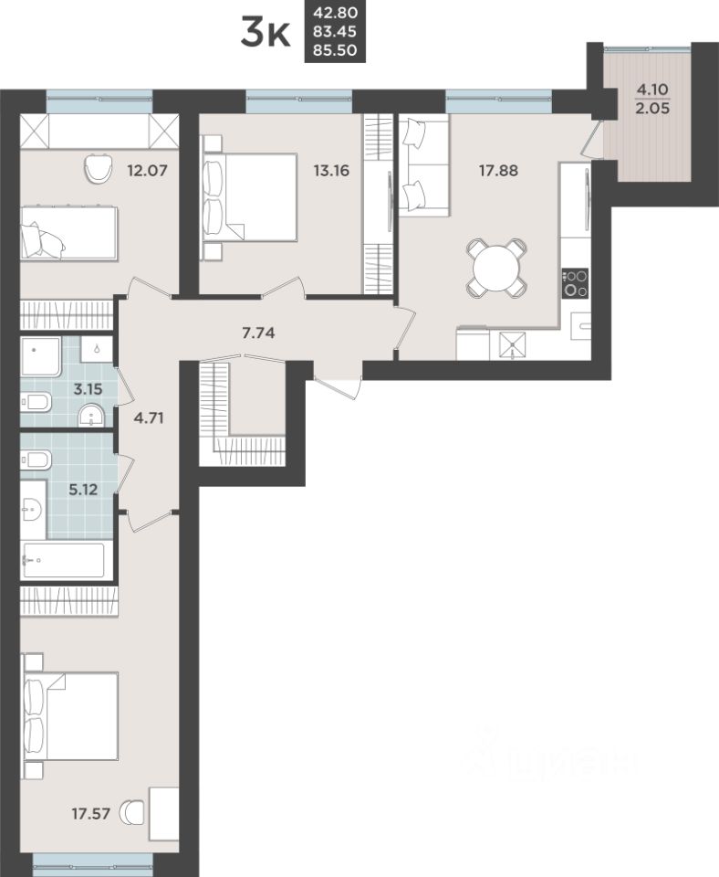 3-комн.кв., 83,5 м², 2/9 этаж