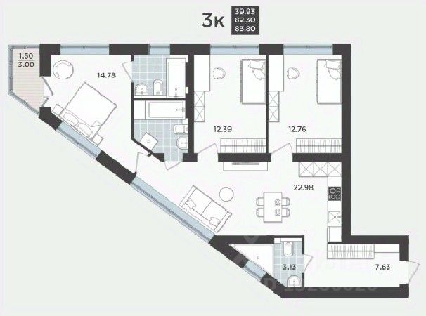 3-комн.кв., 82,3 м², 6/9 этаж