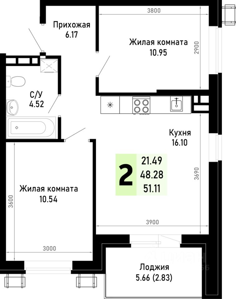 2-комн.кв., 51,1 м², 1/4 этаж