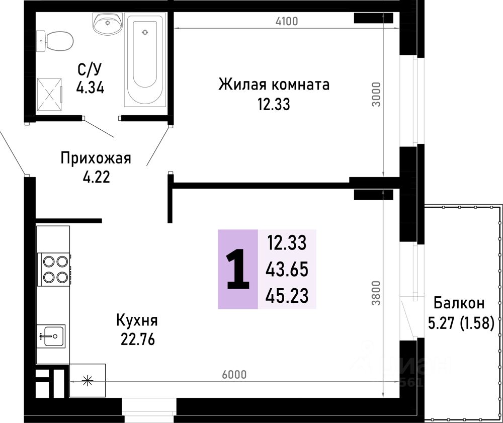1-комн.кв., 45,2 м², 1/4 этаж
