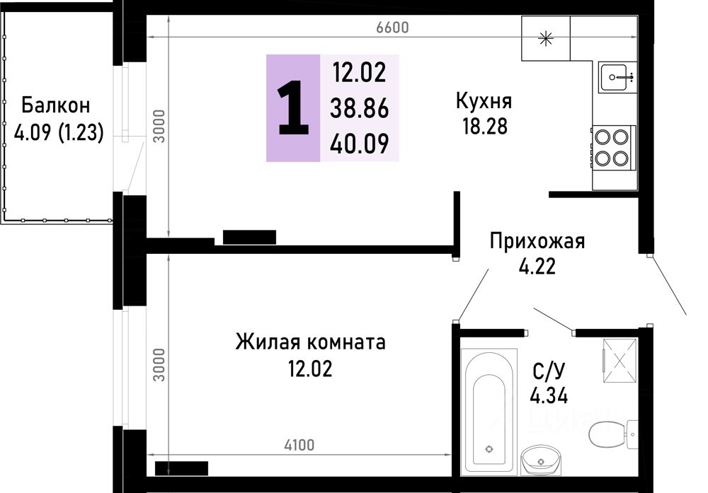 1-комн.кв., 40,1 м², 2/4 этаж