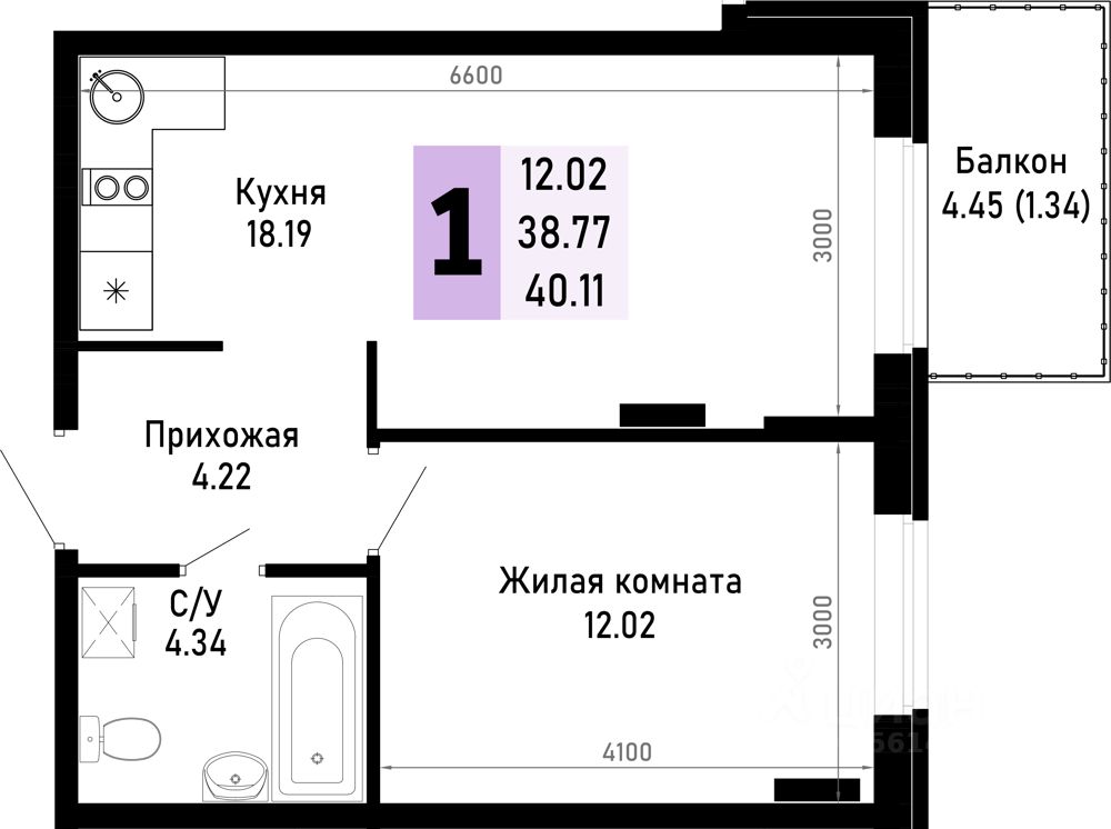 1-комн.кв., 40,1 м², 3/4 этаж