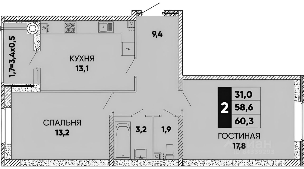 Планировка этой квартиры по данным Циан