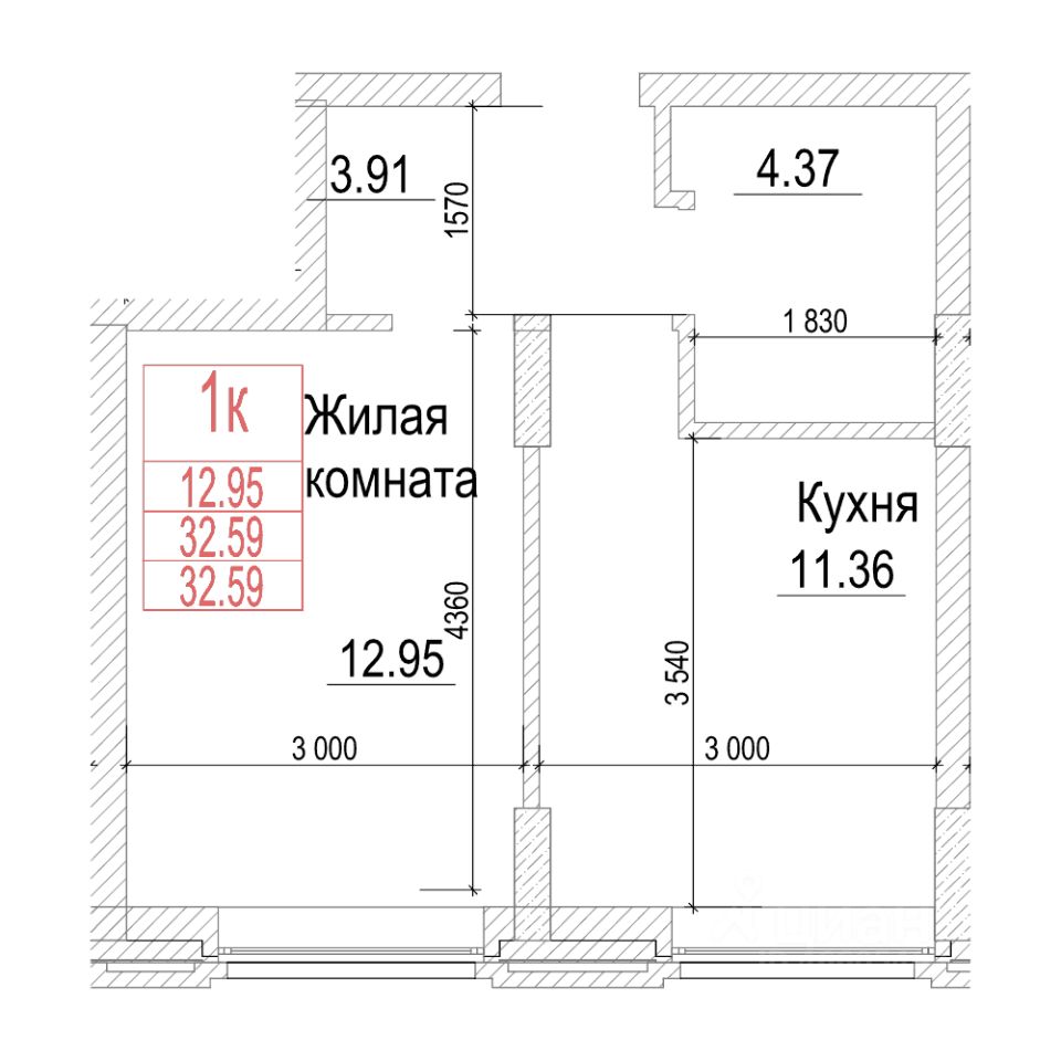 1-комн.кв., 32,5 м², 2/21 этаж