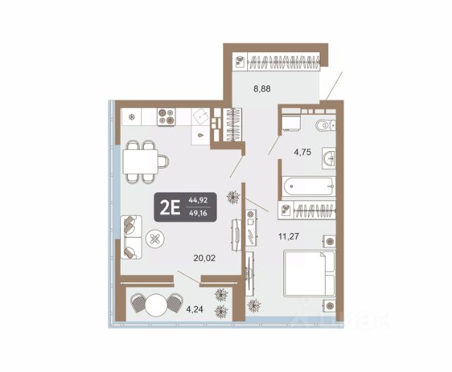 2-комн., 45,3 м², 3/22 этаж