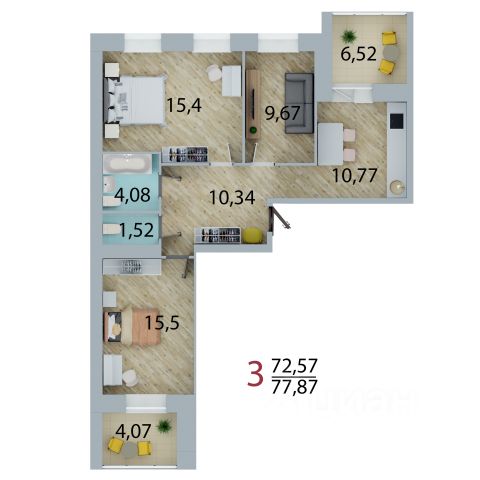 3-комн., 72,6 м², 1/10 этаж