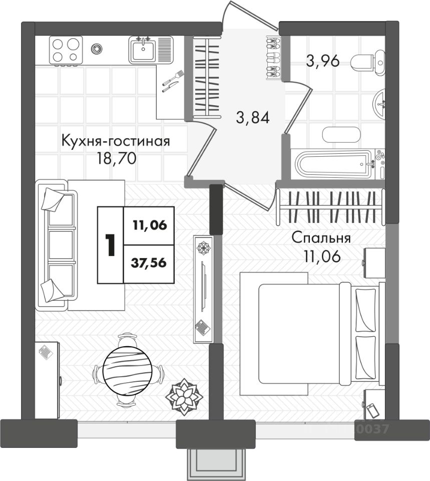Планировка ЖК Зелёная территория — Однокомнатная: 37,56 м²