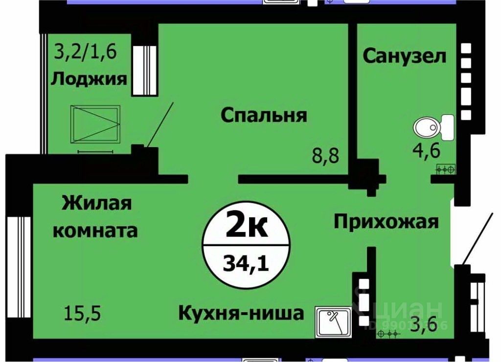 2-комн.кв., 34,6 м², 20/24 этаж