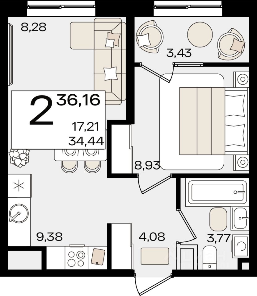 Продается2-комн.квартира,36,16м²