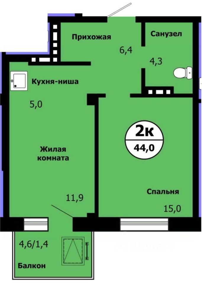 2-комн.кв., 43,1 м², 18/19 этаж