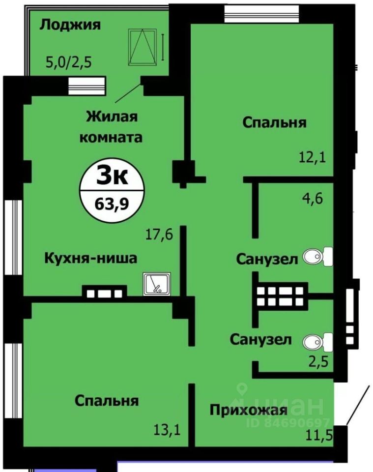 3-комн.кв., 64,5 м², 20/24 этаж