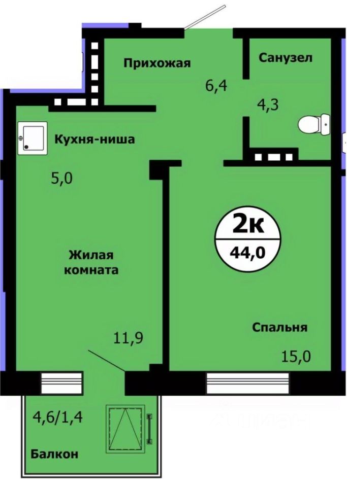 2-комн.кв., 43,1 м², 14/19 этаж