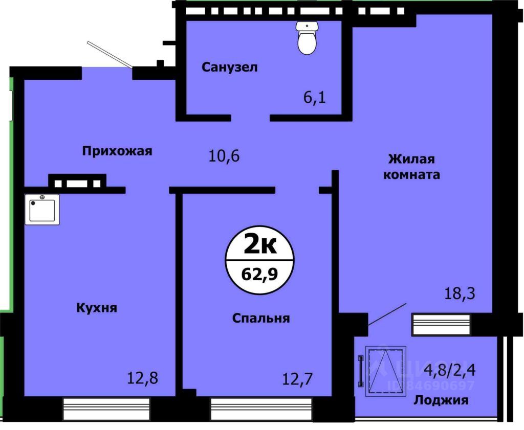 2-комн.кв., 61,6 м², 15/19 этаж