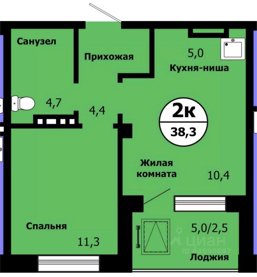 2-комн.кв., 37,7 м², 15/19 этаж
