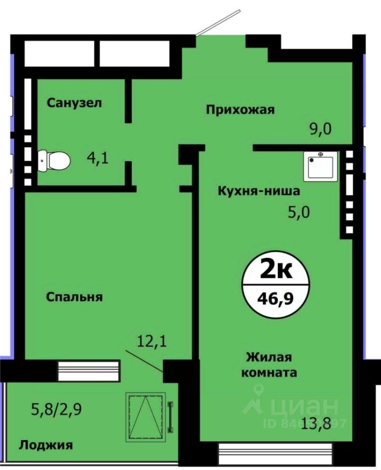 2-комн.кв., 45,7 м², 10/19 этаж
