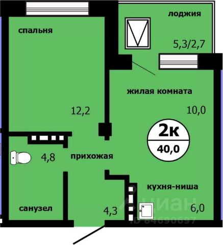 2-комн., 39,5 м², 3/19 этаж