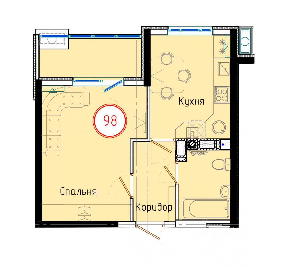 1-комн.кв., 40 м², 8/8 этаж