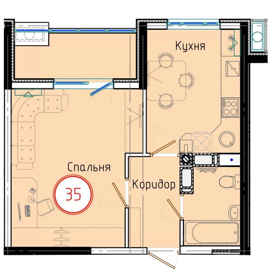 1-комн.кв., 41,6 м², 6/8 этаж