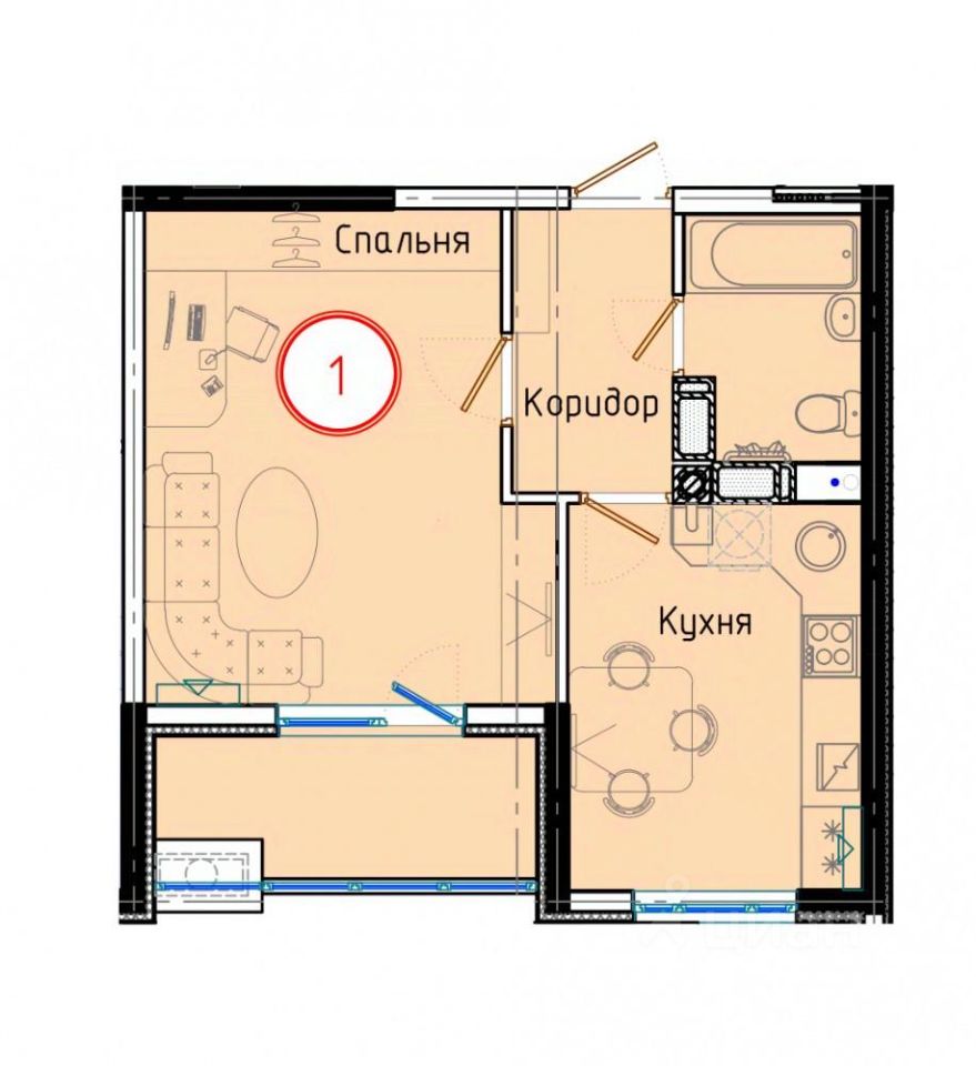 1-комн.кв., 42,3 м², 1/8 этаж