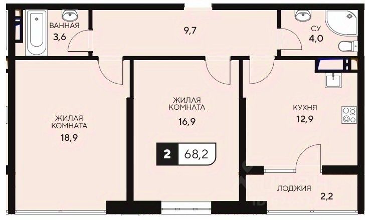2-комн.кв., 68,2 м², 8/15 этаж