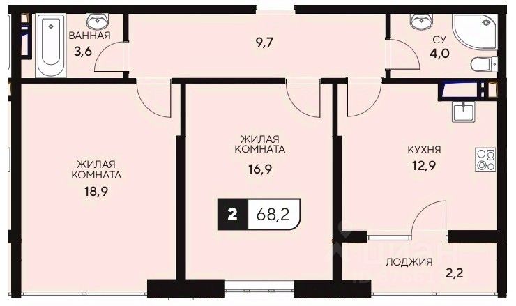 2-комн.кв., 68,2 м², 11/15 этаж