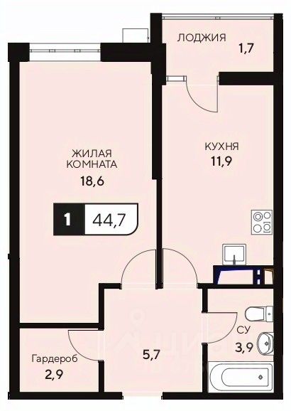 1-комн.кв., 44,7 м², 2/15 этаж