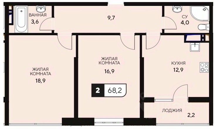 2-комн.кв., 68,2 м², 7/15 этаж