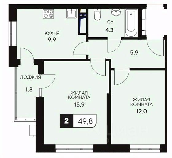 2-комн.кв., 49,8 м², 7/15 этаж