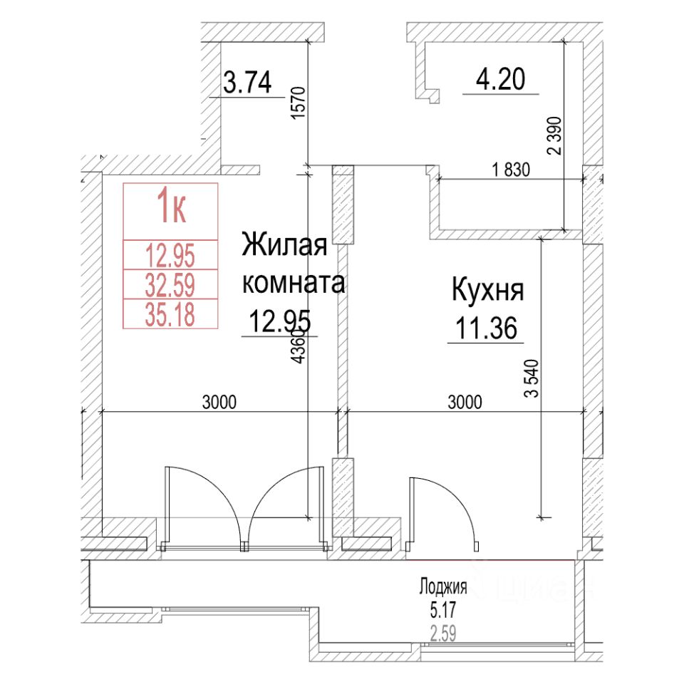 1-комн.кв., 32,5 м², 6/21 этаж