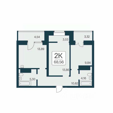 2-комн., 68,2 м², 23/25 этаж