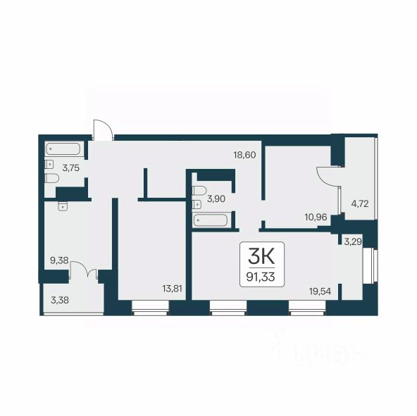 3-комн., 91,2 м², 24/25 этаж