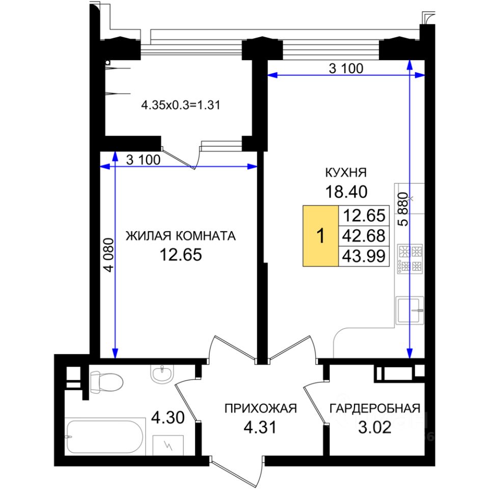1-комн.кв., 44 м², 2/8 этаж