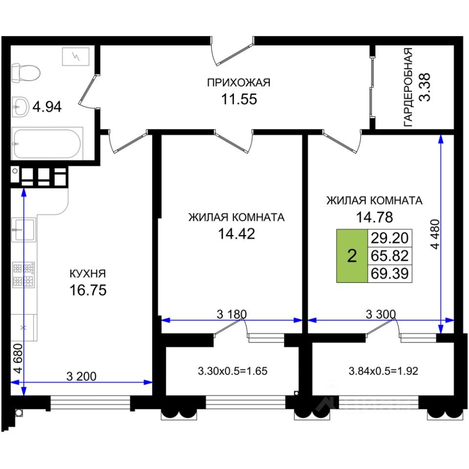 2-комн.кв., 69,4 м², 2/8 этаж