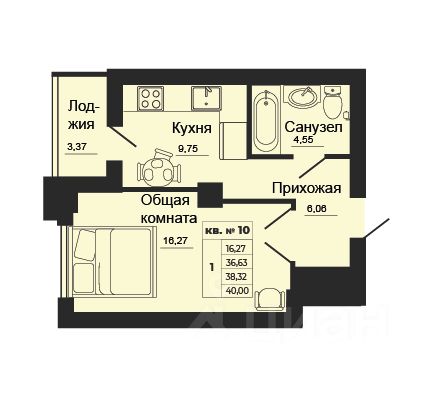 1-комн.кв., 40 м², 2/24 этаж