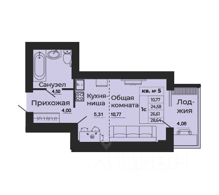 Студия, 28,6 м², 7/24 этаж