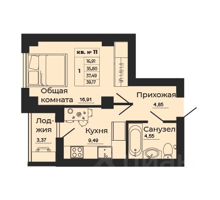 1-комн.кв., 39,1 м², 21/24 этаж
