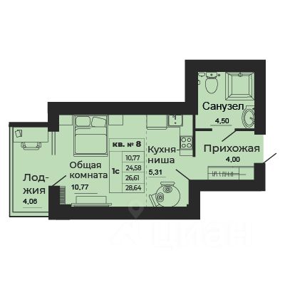 Студия, 28,4 м², 17/24 этаж