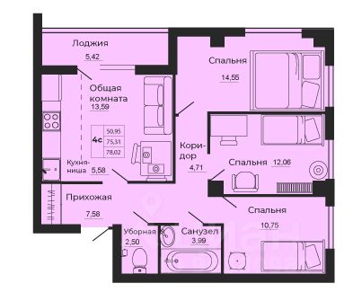 3-комн.кв., 78,2 м², 10/24 этаж