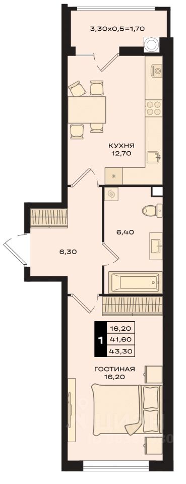 1-комн.кв., 42,9 м², 6/22 этаж