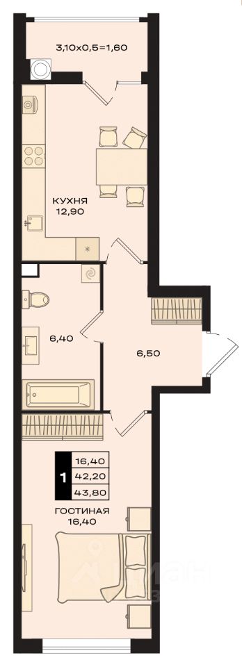1-комн.кв., 43 м², 20/22 этаж