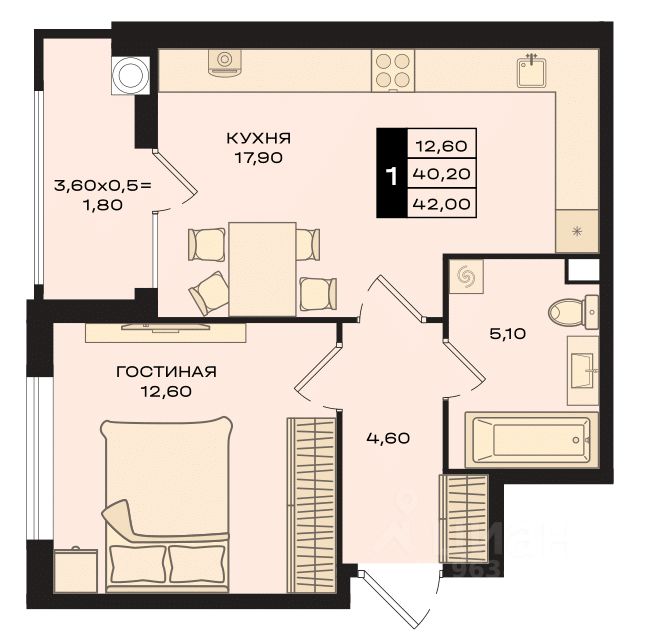 1-комн.кв., 41,6 м², 7/22 этаж